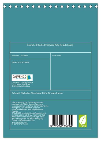 Produktbild: Kuhwelt. Stylische Streetwear-K&uuml;he f&uuml;r gute Laune (Tischkalender 2026 DIN A5 hoch), CALVENDO Monatskalender
