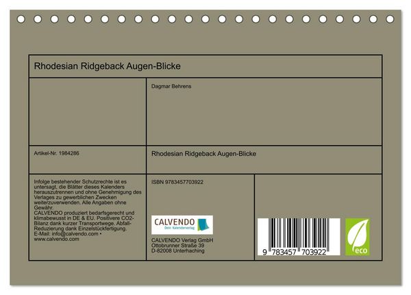 Produktbild: Rhodesian Ridgeback Augen-Blicke (Tischkalender 2026 DIN A5 quer), CALVENDO Monatskalender