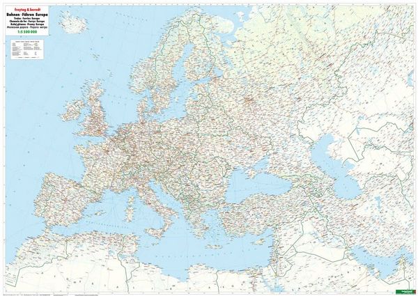 Produktbild: freytag & berndt Poster Bahnen + F&auml;hren Europa, Eisenbahnkarte 1:5,5 Mio.