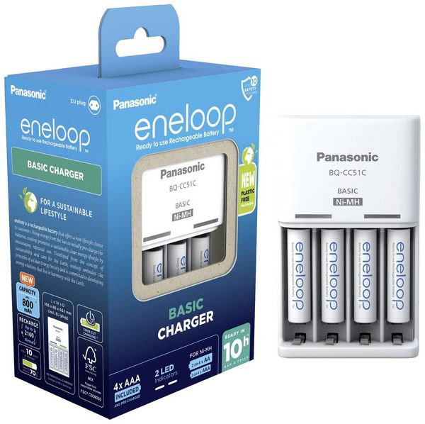 Produktbild: Panasonic Basic BQ-CC51 + 4x eneloop AAA Steckerladerger&auml;t NiMH Micro (AAA), Mignon (AA)