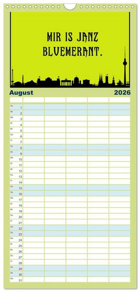 Produktbild: Familienplaner 2026 - Berliner Mundart mit 5 Spalten (Wandkalender, 21 x 45 cm) CALVENDO