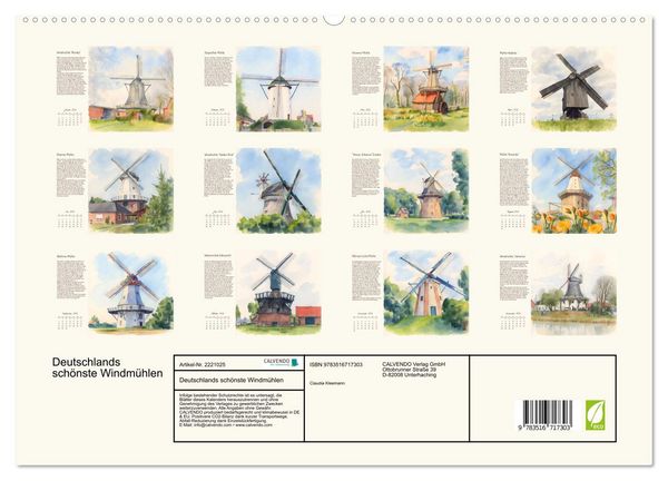 Produktbild: Deutschlands sch&ouml;nste Windm&uuml;hlen (hochwertiger Premium Wandkalender 2026 DIN A2 quer), Kunstdruck in Hochglanz