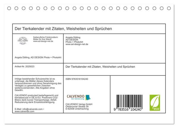 Produktbild: Der Tierkalender mit Zitaten, Weisheiten und Spr&uuml;chen (Tischkalender 2026 DIN A5 quer), CALVENDO Monatskalender