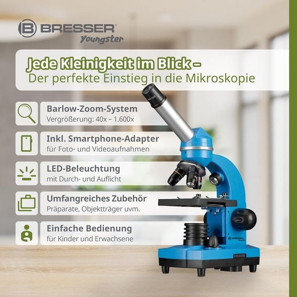 Produktbild: Bresser Junior 11188 - Sch&uuml;ler-Mikroskop Biolux SEL (blau), Auf- und Durchlichtmikroskop mit 40x-1.600-facher Vergr&ouml;&szlig;erung
