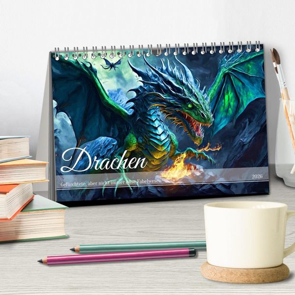Produktbild: Drachen - Gef&uuml;rchtete, aber nicht immer b&ouml;se Fabelwesen (Tischkalender 2026 DIN A5 quer), CALVENDO Monatskalender