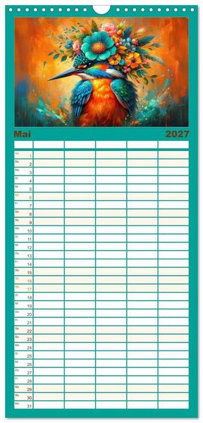 Produktbild: Familienplaner 2027 - Blumige Vogelportr&auml;ts mit 5 Spalten (Wandkalender, 21 x 45 cm) CALVENDO
