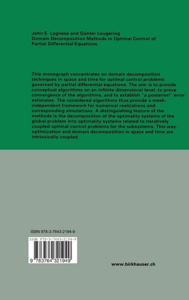 Produktbild: Domain Decomposition Methods in Optimal Control of Partial Differential Equations