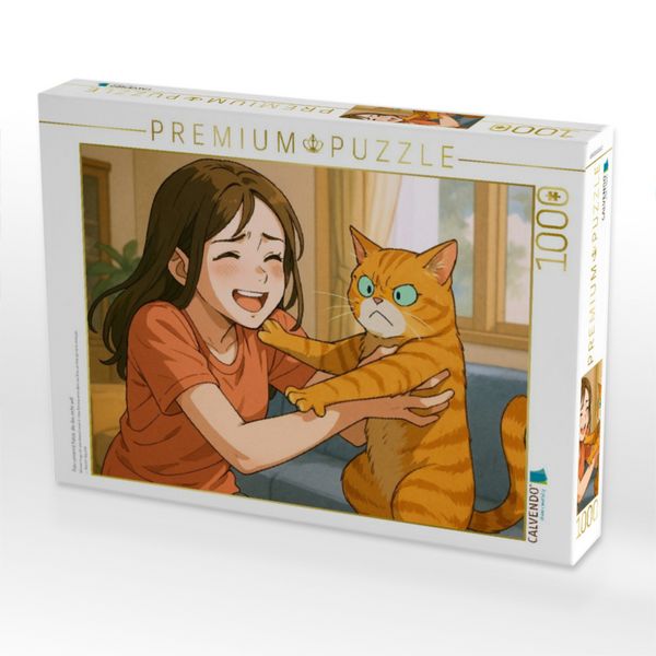 Produktbild: CALVENDO Puzzle Frau umarmt Katze, die das nicht will | 1000 Teile Lege-Gr&ouml;&szlig;e 64x48cm Foto-Puzzle f&uuml;r gl&uuml;ckliche Stunden