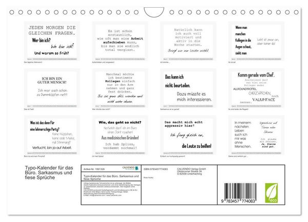 Produktbild: Typo-Kalender f&uuml;r das B&uuml;ro. Sarkasmus und fiese Spr&uuml;che (Wandkalender 2026 DIN A4 quer), CALVENDO Monatskalender