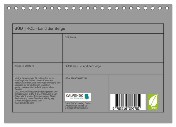 Produktbild: S&Uuml;DTIROL - Land der Berge (Tischkalender 2026 DIN A5 quer), CALVENDO Monatskalender