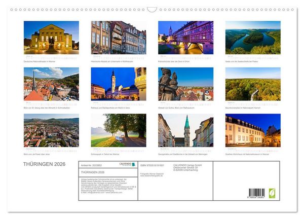 Produktbild: TH&Uuml;RINGEN 2026 (Wandkalender 2026 DIN A2 quer), CALVENDO Monatskalender