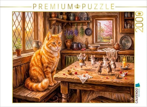 CALVENDO Puzzle Katze beobachtet tanzende Mäuse auf dem Tisch in fröhlicher Szene | 2000 Teile Lege-Größe 90 × 67 cm Foto-Puzzle für glückliche Stunden