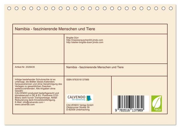 Produktbild: Namibia - faszinierende Menschen und Tiere (Tischkalender 2026 DIN A5 quer), CALVENDO Monatskalender