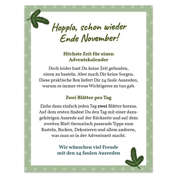 Produktbild: Adventskalender-Box &bdquo;24 faule Ausreden&ldquo; warum ich keinen Adventskalender gebastelt habe