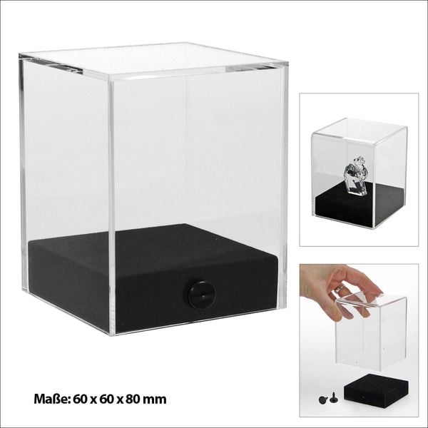 Produktbild: Hochwertige Acryl-Box, Format ca. 60 x 60 x 80 mm, mit edlem schwarzen Sockel, zum Verschrauben f&uuml;r besseren Halt. Design-St&uuml;ck f&uuml;r hochwertige Sammelobjekte, Mineralien, Schmuck etc.