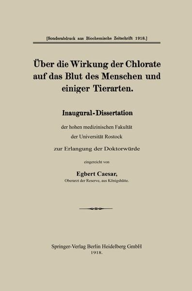 Produktbild: &Uuml;ber die Wirkung der Chlorate auf das Blut des Menschen und einiger Tierarten