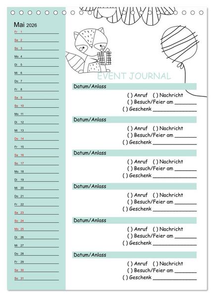 Produktbild: Geburtstagsplaner Doodle Tiere - F&uuml;r Termine, Geschenke, Eventdetails & mehr (Wandkalender 2026 DIN A4 hoch), CALVENDO Monatskalender