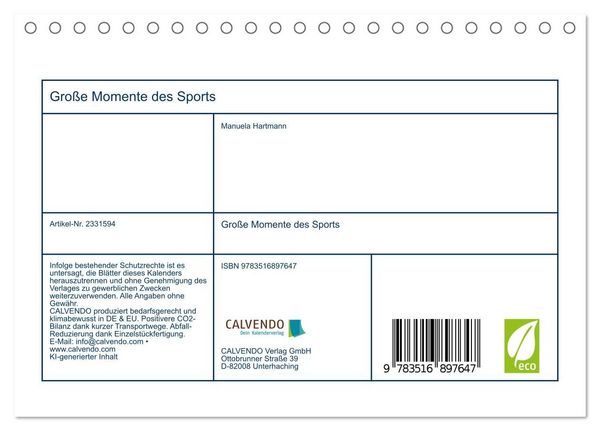 Produktbild: Gro&szlig;e Momente des Sports (Tischkalender 2027 DIN A5 quer), CALVENDO Monatskalender