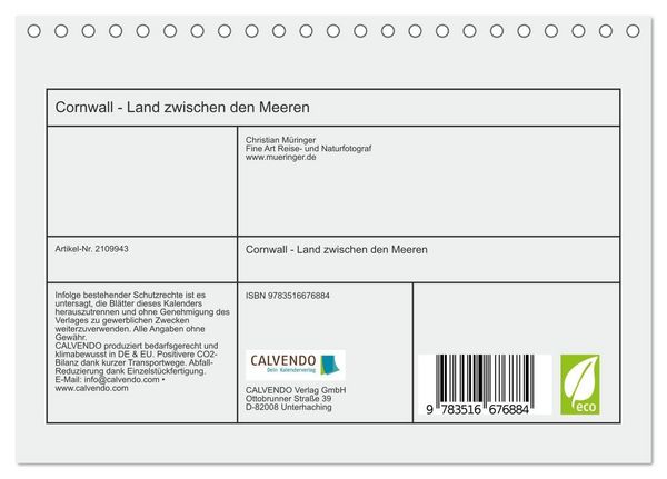 Produktbild: Cornwall - Land zwischen den Meeren (Tischkalender 2026 DIN A5 quer), CALVENDO Monatskalender