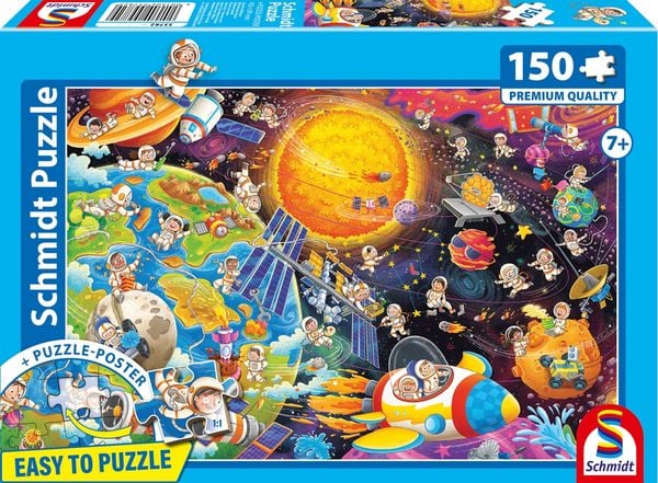 Schmidt 55782 - Quatsch im Weltraum, Easy to Puzzle, Kinderpuzzle mit Poster, 150 Teile