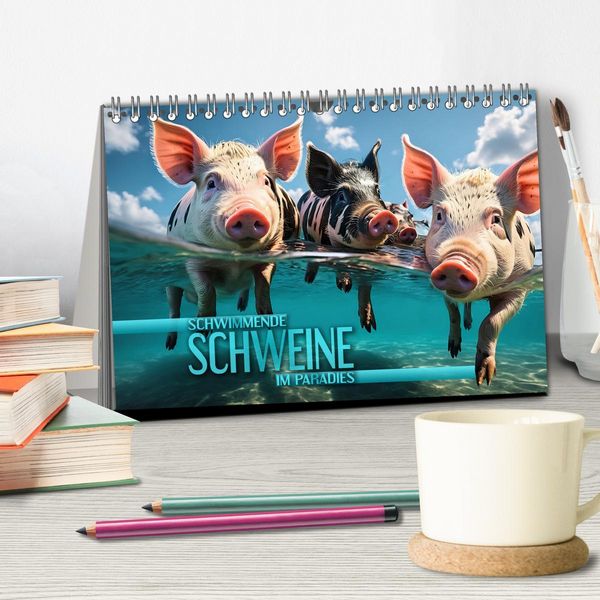 Produktbild: Schwimmende Schweine im Paradies (Tischkalender 2026 DIN A5 quer), CALVENDO Monatskalender