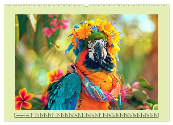 Produktbild: Papageien-Fashion. Farbenfroher Modestil im Dschungel (Wandkalender 2026 DIN A2 quer), CALVENDO Monatskalender