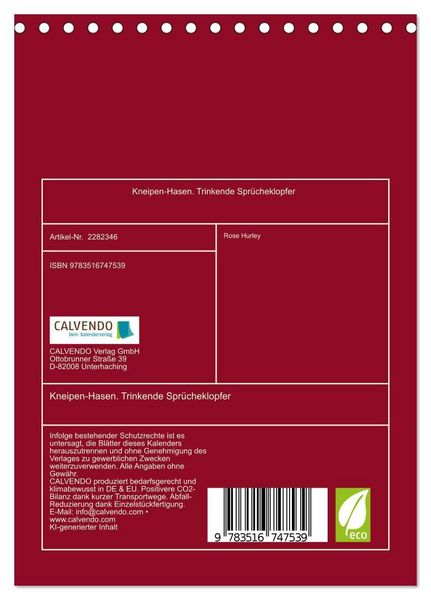 Produktbild: Kneipen-Hasen. Trinkende Spr&uuml;cheklopfer (Tischkalender 2026 DIN A5 hoch), CALVENDO Monatskalender