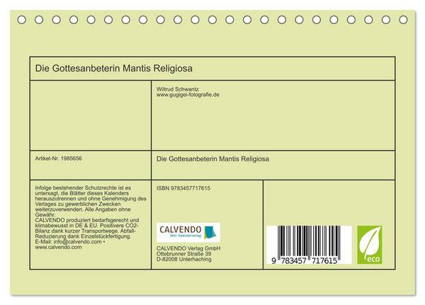 Produktbild: Die Gottesanbeterin Mantis Religiosa (Tischkalender 2026 DIN A5 quer), CALVENDO Monatskalender