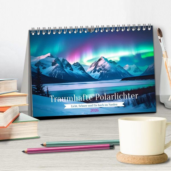 Produktbild: Traumhafte Polarlichter . Licht, Schnee und Eis hoch im Norden (Tischkalender 2026 DIN A5 quer), CALVENDO Monatskalender