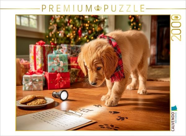 CALVENDO Puzzle Weihnachtswelpe auf Spurensuche vor dem Christbaum | 2000 Teile Lege-Größe 90x67cm Foto-Puzzle für glückliche Stunden