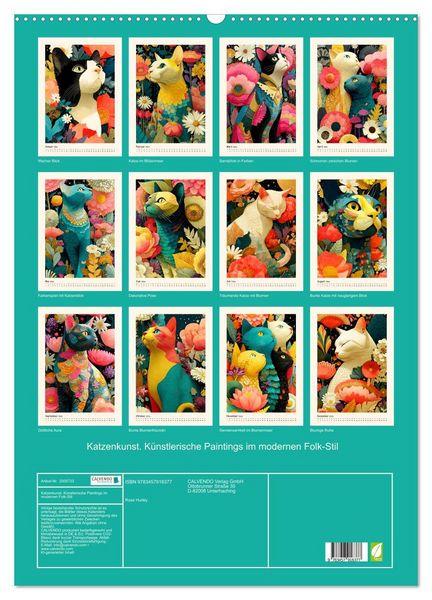 Produktbild: Katzenkunst. K&uuml;nstlerische Paintings im modernen Folk-Stil (Wandkalender 2026 DIN A2 hoch), CALVENDO Monatskalender