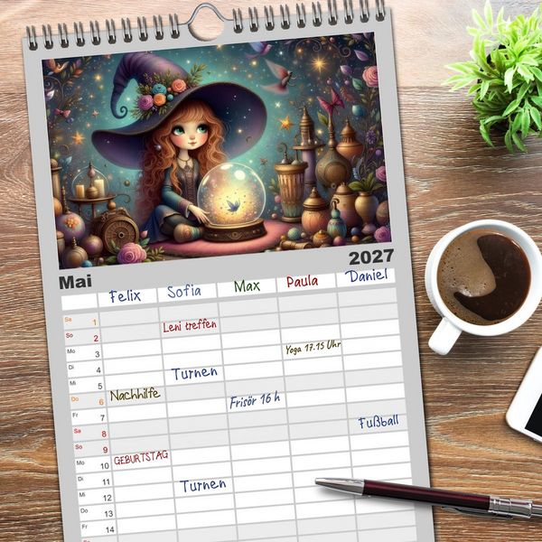 Produktbild: Familienplaner 2027 - Luna, die kleine Zauberhexe mit 5 Spalten (Wandkalender, 21 x 45 cm) CALVENDO