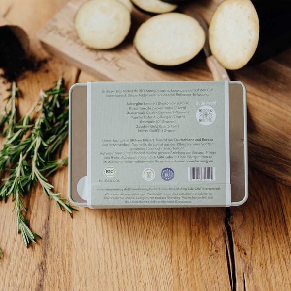 Produktbild: Saatgut Bio-Saatgutbox Grillgem&uuml;se in Wei&szlig;blechdose, mit 6 Sorten