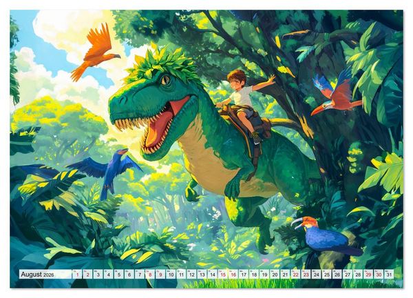 Produktbild: Abenteuer mit Dinosauriern - Tolle Dino-Freunde f&uuml;r das Jahr (hochwertiger Premium Wandkalender 2026 DIN A2 quer), Kunstdruck in Hochglanz