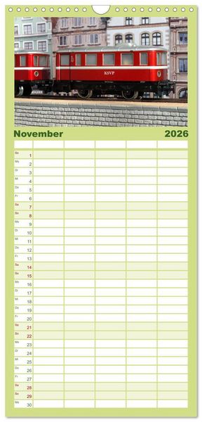 Produktbild: Familienplaner 2026 - Retro Modellbahnanlagen mit 5 Spalten (Wandkalender, 21 x 45 cm) CALVENDO