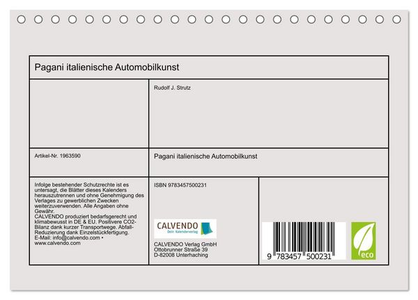 Produktbild: Pagani italienische Automobilkunst (Tischkalender 2026 DIN A5 quer), CALVENDO Monatskalender