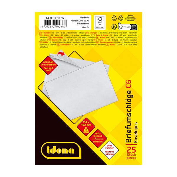 Produktbild: Idena Briefumschl&auml;ge 75g/m&sup2; haftklebend ohne Fenster wei&szlig; DIN C6 25 St&uuml;ck