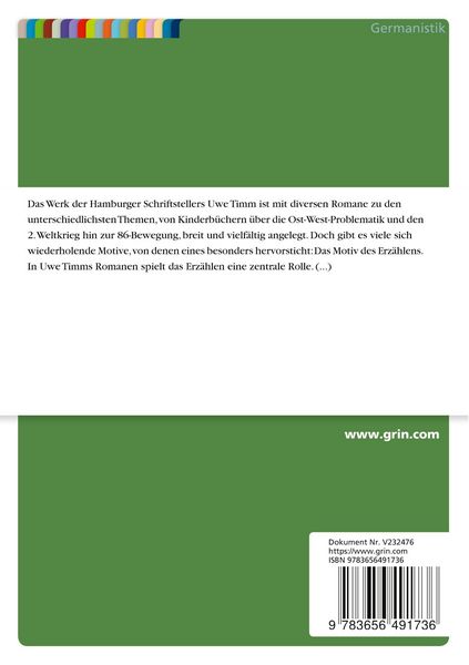 Produktbild: Das Motiv des Erz&auml;hlens in den Romanen "Johannisnacht", "Die Entdeckung der Currywurst" und "Kopfj&auml;ger" von Uwe Timm