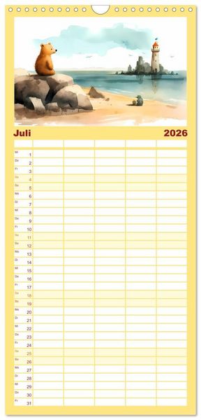 Produktbild: Familienplaner 2026 - B&auml;rige Illustrationen mit 5 Spalten (Wandkalender, 21 x 45 cm) CALVENDO