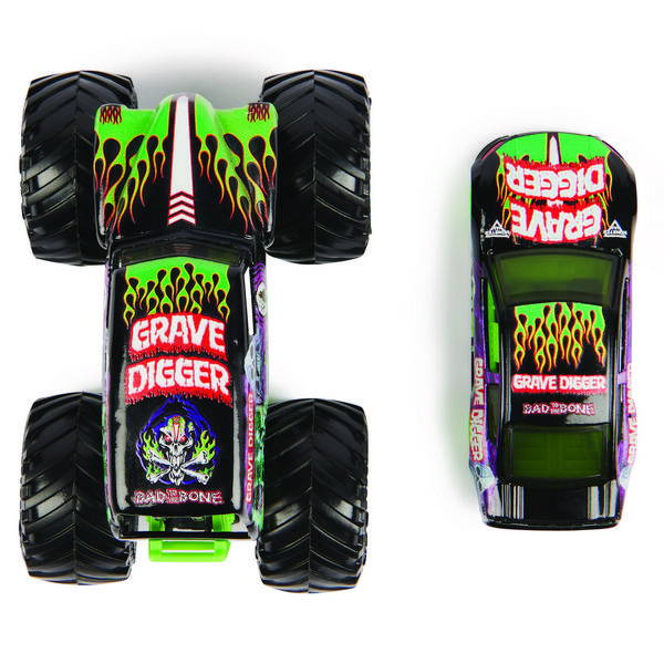 Produktbild: Monster Jam, Truck und Rennauto in einem Set, Ma&szlig;stab 1:64