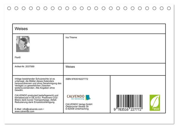 Produktbild: Weises (Tischkalender 2026 DIN A5 quer), CALVENDO Monatskalender