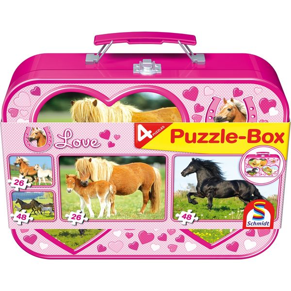 Produktbild: Puzzle Box Schmidt Spiele Pferde im Metallkoffer 2x26, 2x48Teile