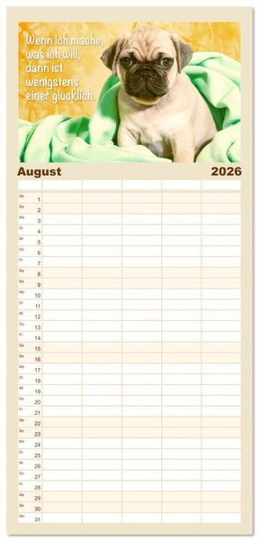 Produktbild: Familienplaner 2026 - Mopsala: Vom Gl&uuml;ck, ein Mops zu sein mit 5 Spalten (Wandkalender, 21 x 45 cm) CALVENDO