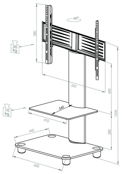 Produktbild: TV Standfu&szlig; St&auml;nder Rack Alu Glas Rollen Blino ZW