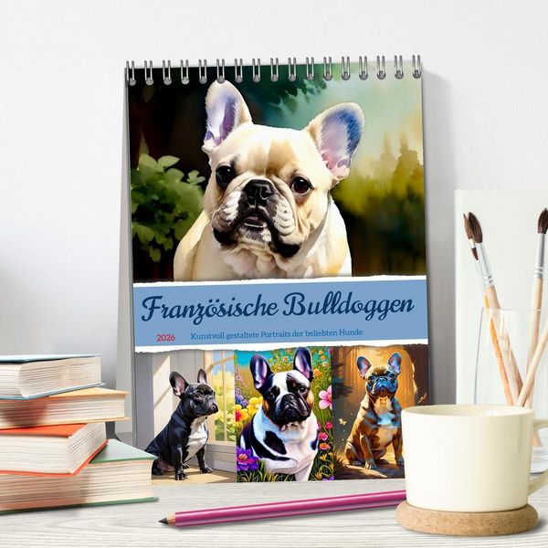 Produktbild: Franz&ouml;sische Bulldoggen. Kunstvoll gestaltete Portraits (Tischkalender 2026 DIN A5 hoch), CALVENDO Monatskalender