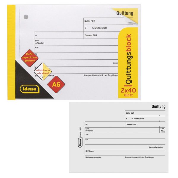Produktbild: Idena Quittung selbstdurchschreibend MwSt. separat ausgewiesen DIN A6 quer 2x40 Blatt