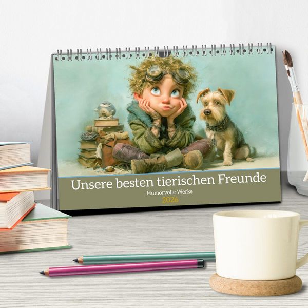 Produktbild: Unsere besten tierischen Freunde - Humorvolle Werke (Tischkalender 2026 DIN A5 quer), CALVENDO Monatskalender