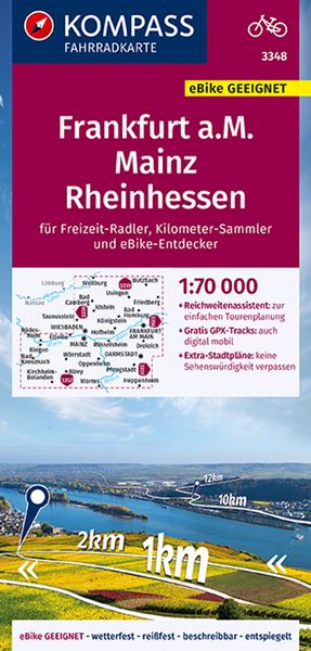 KOMPASS Fahrradkarte 3348 Frankfurt a.M., Mainz, Rheinhessen 1:70.000