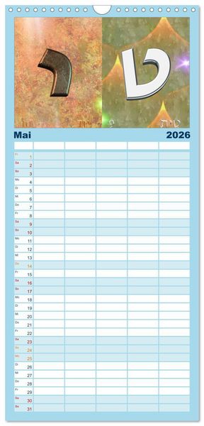 Produktbild: Familienplaner 2026 - Alefbet Hebr&auml;ische Lettern mit 5 Spalten (Wandkalender, 21 x 45 cm) CALVENDO
