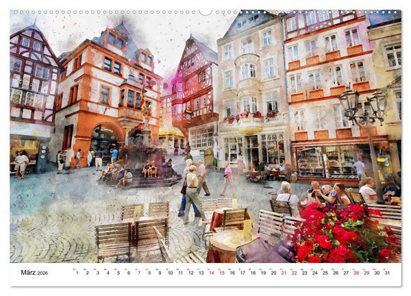 Produktbild: Bernkastel-Kues - Stadtrundgang in Aquarell (hochwertiger Premium Wandkalender 2026 DIN A2 quer), Kunstdruck in Hochglanz